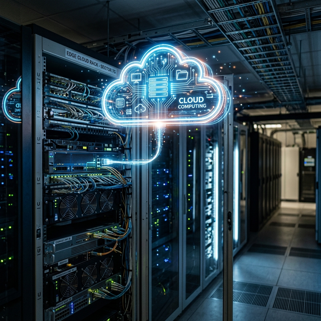 Cloud computing icon over servers